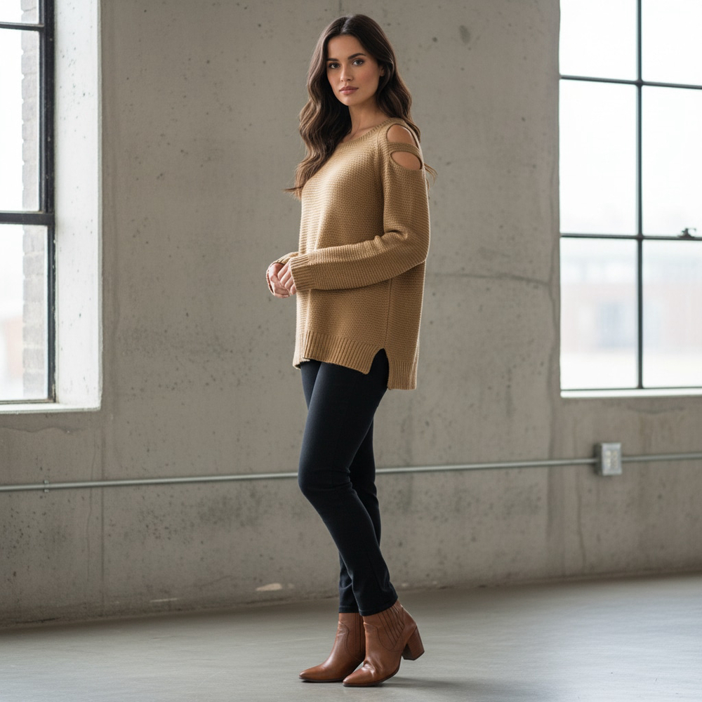 Venus Tan Cutout Shoulder Scoop Neck Acrylic Ribbed Long Sleeve Sweater Large